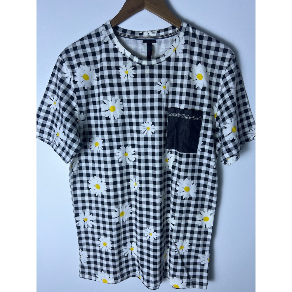 Smash Gingham Daisy T-Shirt Mens Sm Black White Floral Pocket Tee Preppy Beachy
